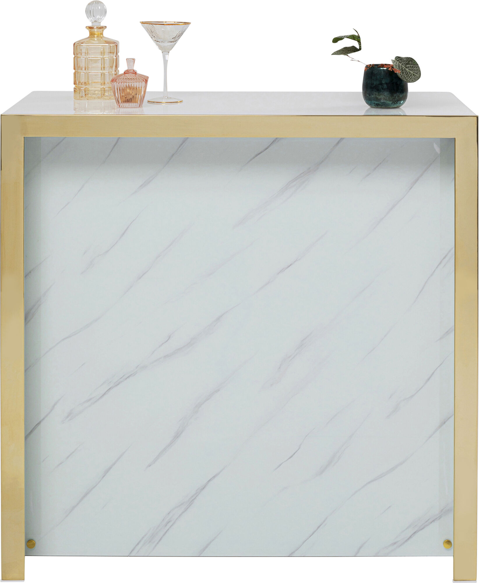 Barek z półkami szkło wzór marmur biały 120x104 cm – obraz-1