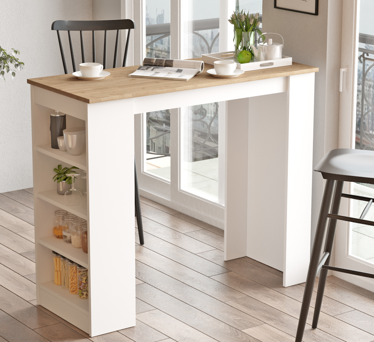 Barek w stylu skandynawskim 4 szuflady 120x102 cm biało-drewniany – obraz-1