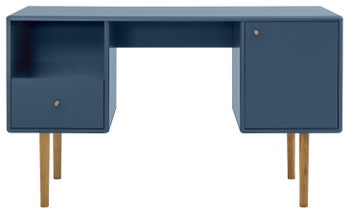 Biurko niebieskie ze schowkami nogi drewno dębowe 130x50 cm – obraz-1