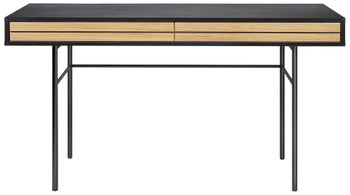 Biurko z 2 szufladami czarno-naturalne fornir dębowy 130x60 cm – obraz-1