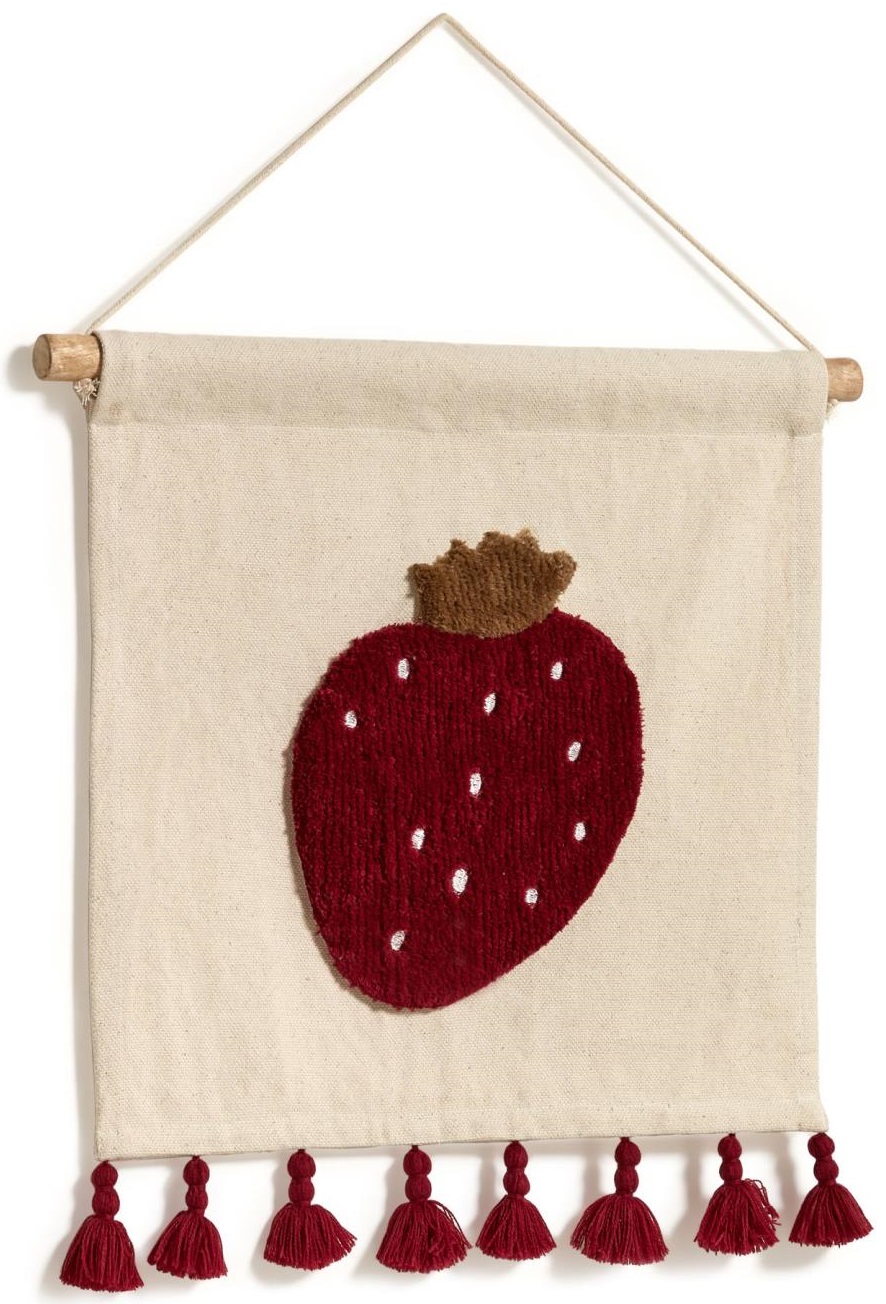 Dekoracja ścienna 100% bawełna biała z czerwoną truskawką i frędzlami 40x40 cm – obraz-1