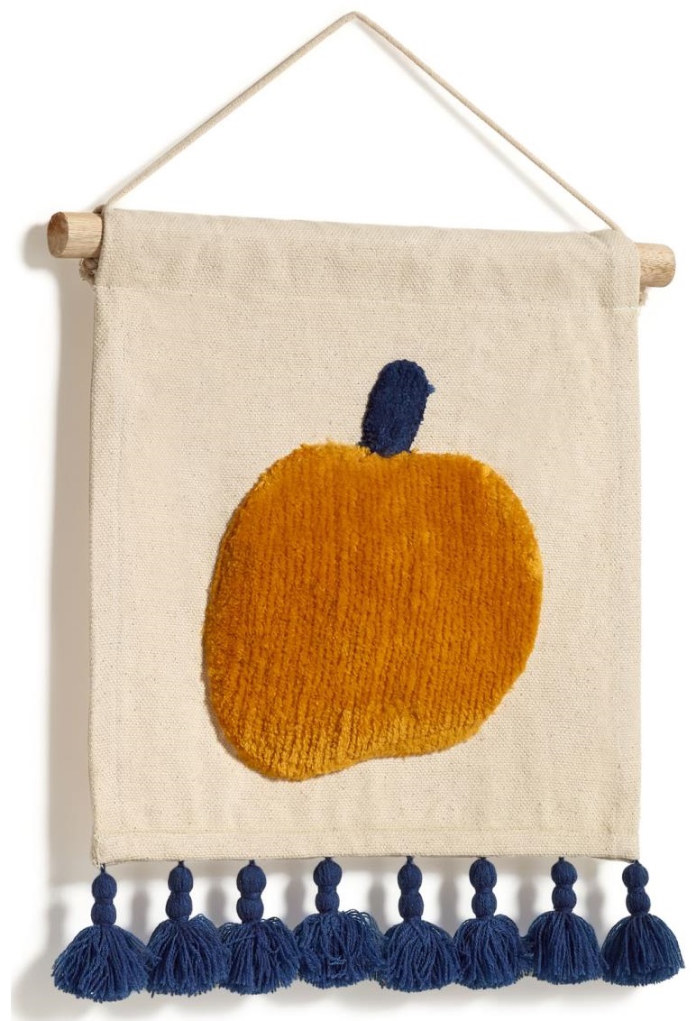 Dekoracja ścienna 100% bawełna biała z kolorowym jabłkiem i frędzlami 30x30 cm – obraz-1