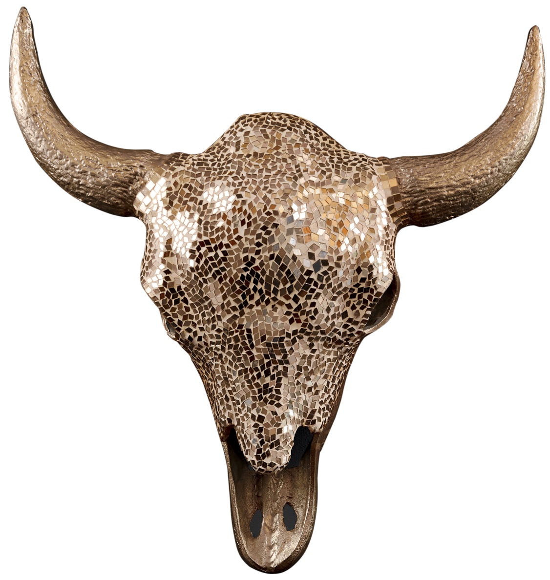 Dekoracja ścienna czaszka byka mozaika w kolorze złotym z metalowo-aluminiowym wykończeniem – grafika-1.