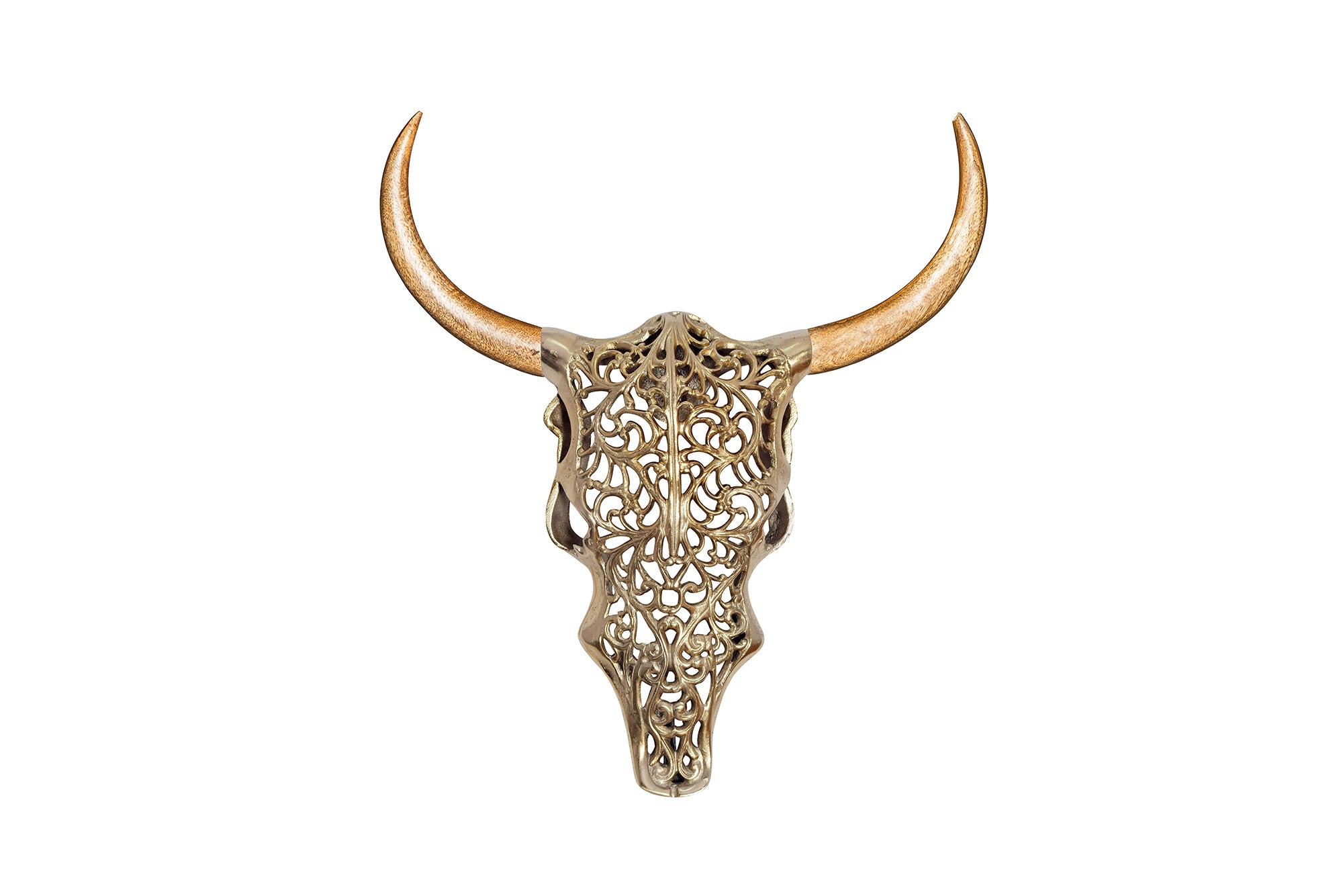 Dekoracja ścienna EXOTIC BULL 60 cm drewno mango i metal, złoto naturalne, ręcznie robiona – grafika-1.
