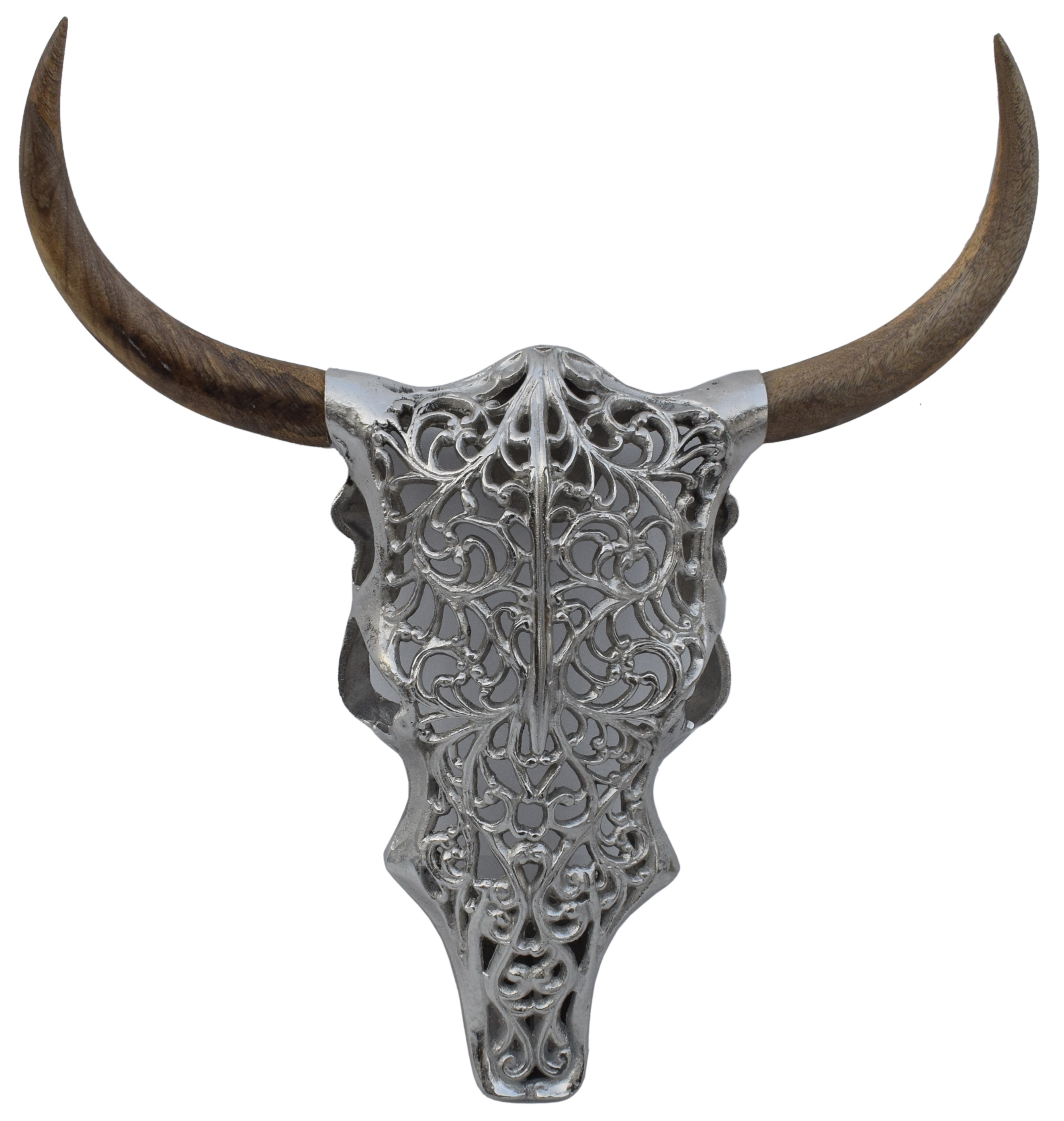 Dekoracja ścienna czaszka byka stop metalowo-aluminiowy drewno mango srebrna 51x57 cm – grafika-1.