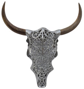 Dekoracja ścienna czaszka byka stop metalowo-aluminiowy drewno mango srebrna 51x57 cm – grafika-1.