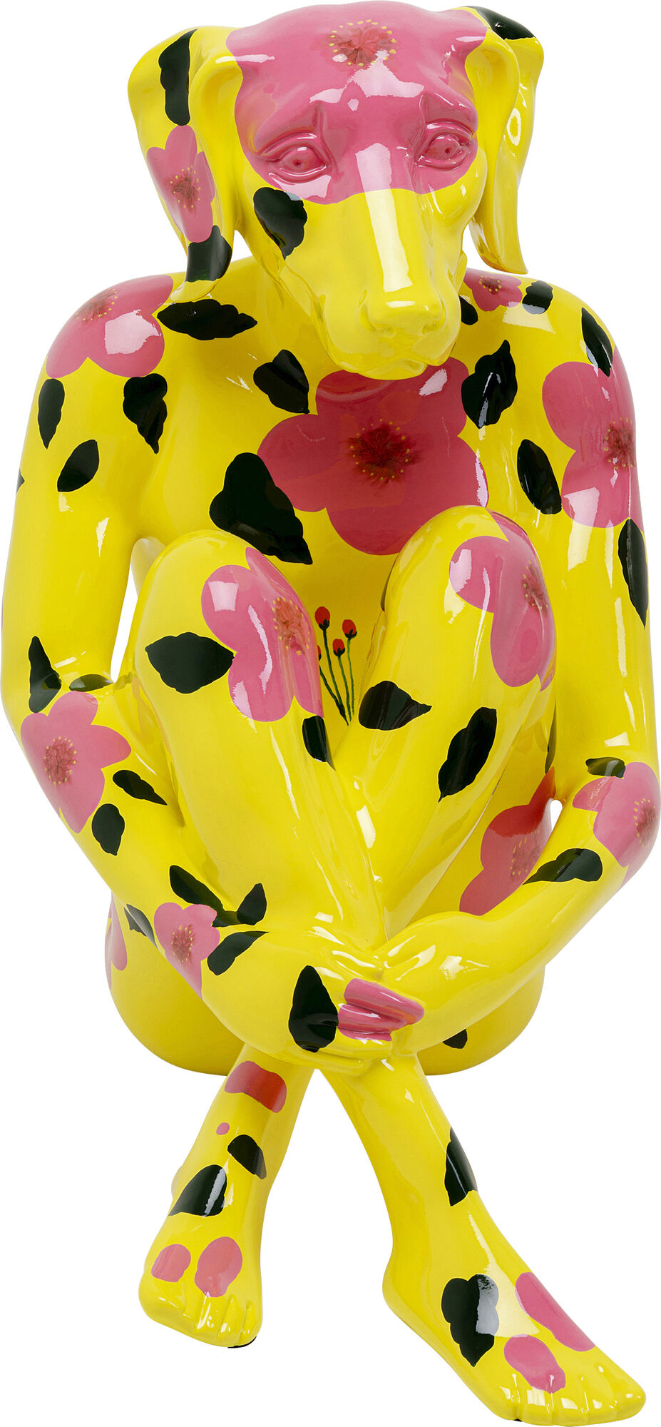 Dekoracja stojąca żółty pies z motywem kwiatowym 66x80 cm – grafika-1.
