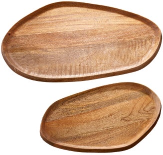 Zestaw dwóch unikalnych tac z drewna mango w brązowym kolorze do użytku domowego – grafika-1.