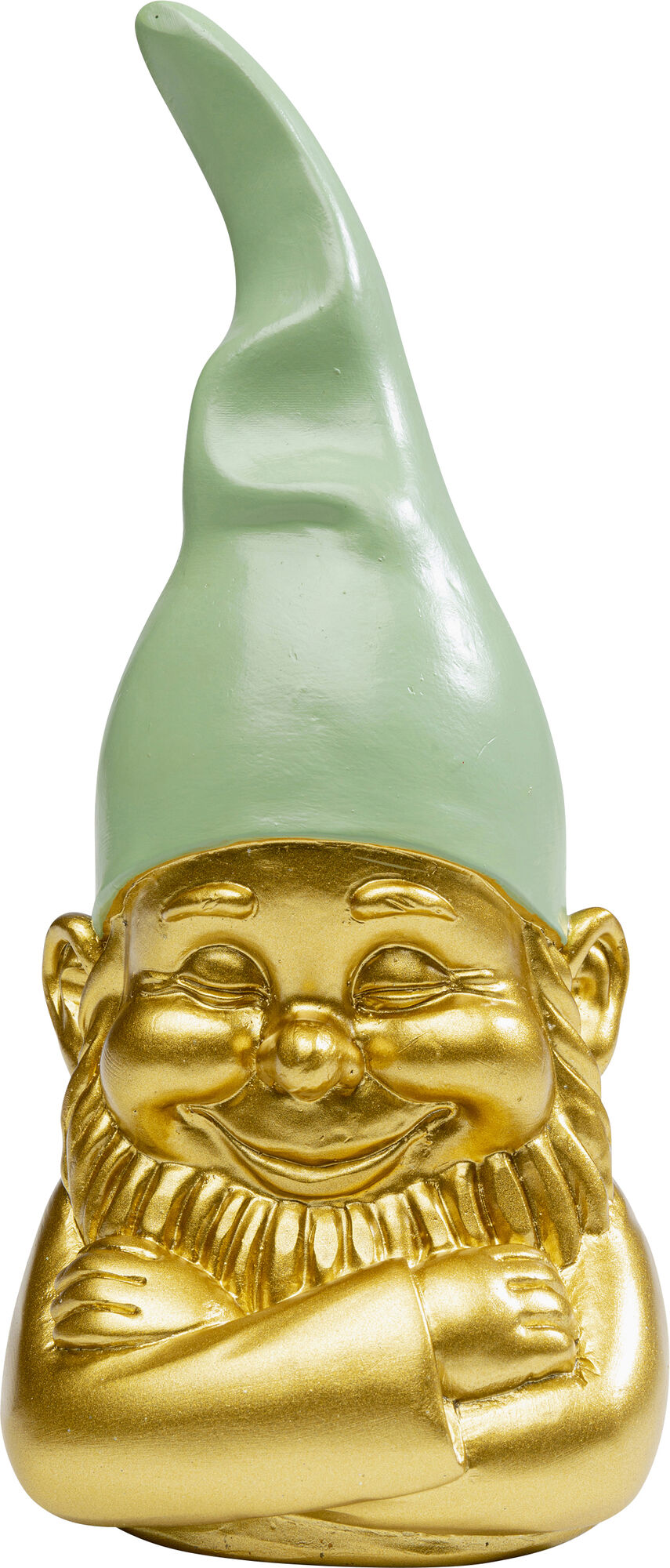 Figurka dekoracyjna krasnal złoty czapka zielona 10x21 cm – obraz-1
