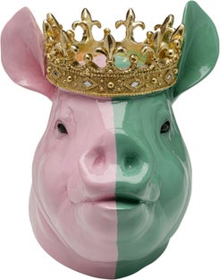 Figurka dekoracyjna świnia różowo-zielona ze złotą koroną 34x28 cm – obraz-1