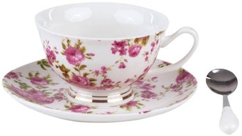 Filiżanka Róże i Ciało ze spodkiem i łyżeczką biało różowa porcelana 13 cm średnicy – obraz-1