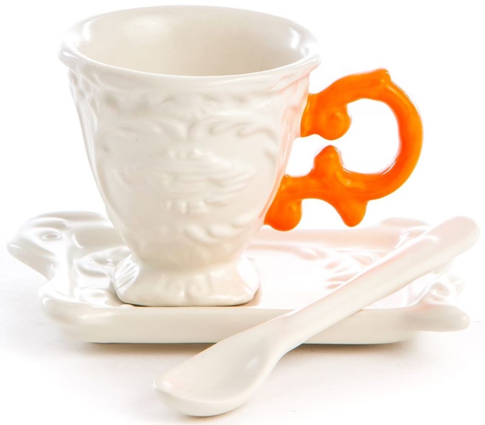 Filiżanka z podstawką i łyżeczką I-Coffee biało-pomarańczowa – obraz-1