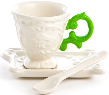 Filiżanka z podstawką i łyżeczką I-Coffee biało-zielona – obraz-1