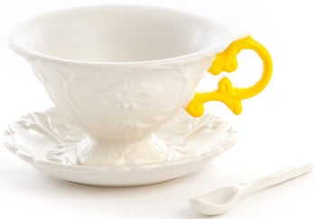 Filiżanka z podstawką i łyżeczką I-Tea biało-żółta – obraz-1