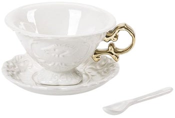 Filiżanka ze spodkiem i łyżeczką biała porcelana 13 cm średnicy – obraz-1