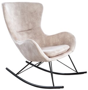 Aksamitny fotel bujany do salonu w kolorze szampańskim z metalowymi nogami – grafika-1.