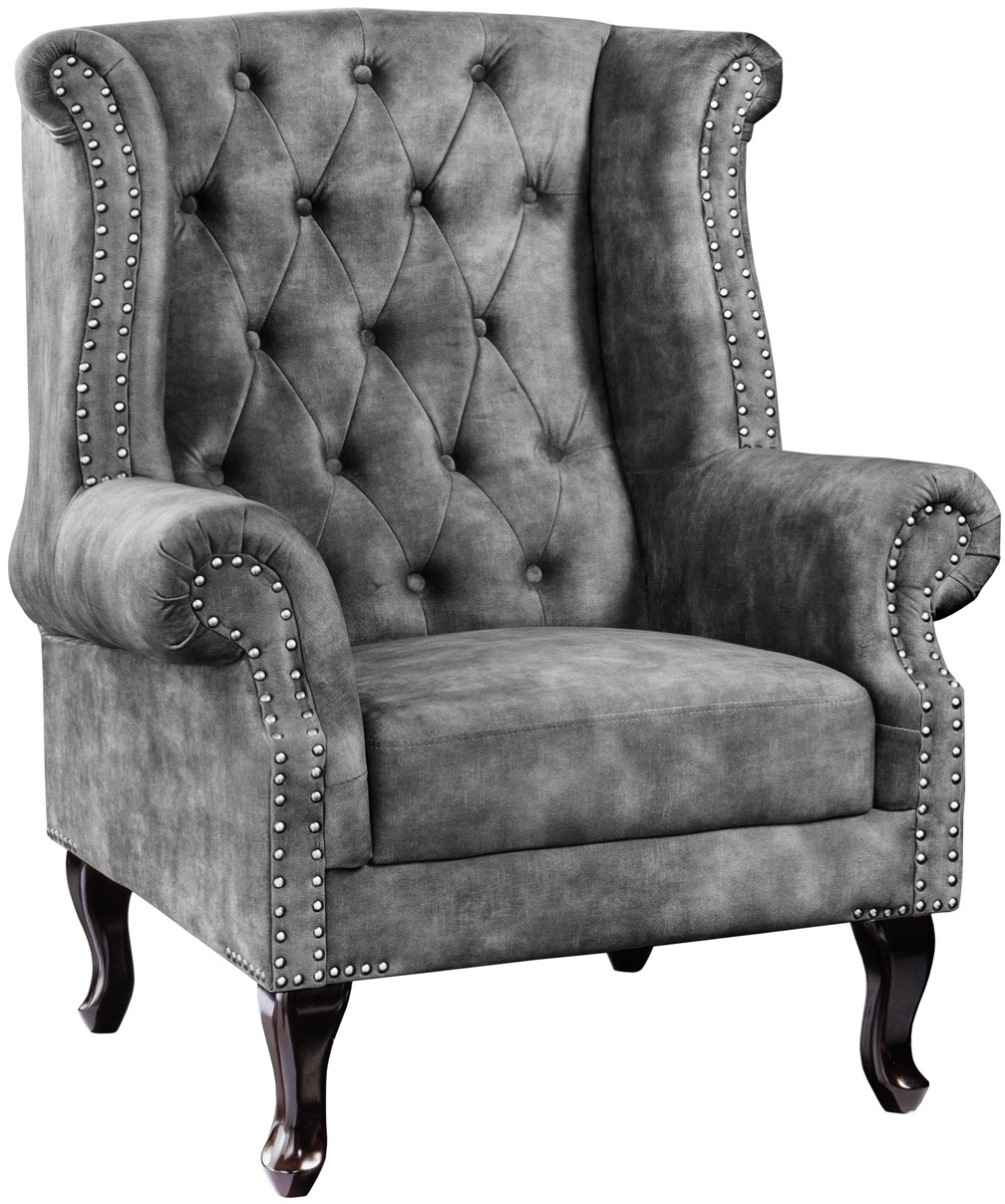 Pikowany fotel klasyczny w odcieniu szarości z drewnianymi nogami – grafika-1.