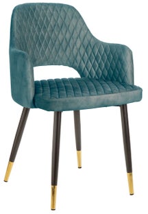 Fotel aksamitny w zielonym kolorze z metalowymi nogami i złotymi akcentami – grafika-1.