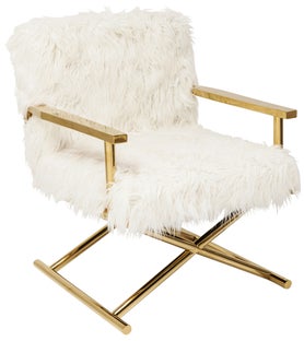 Fotel do salonu siedzisko białe imitujące futro nogi metalowe złote – obraz-1