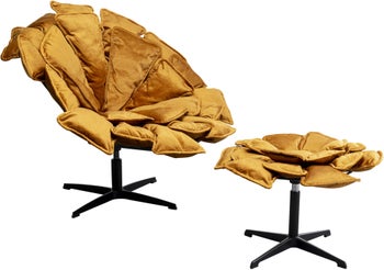 Fotel obrotowy musztardowy z podnóżkiem podstawa czarna stalowa 82x80 cm – obraz-1