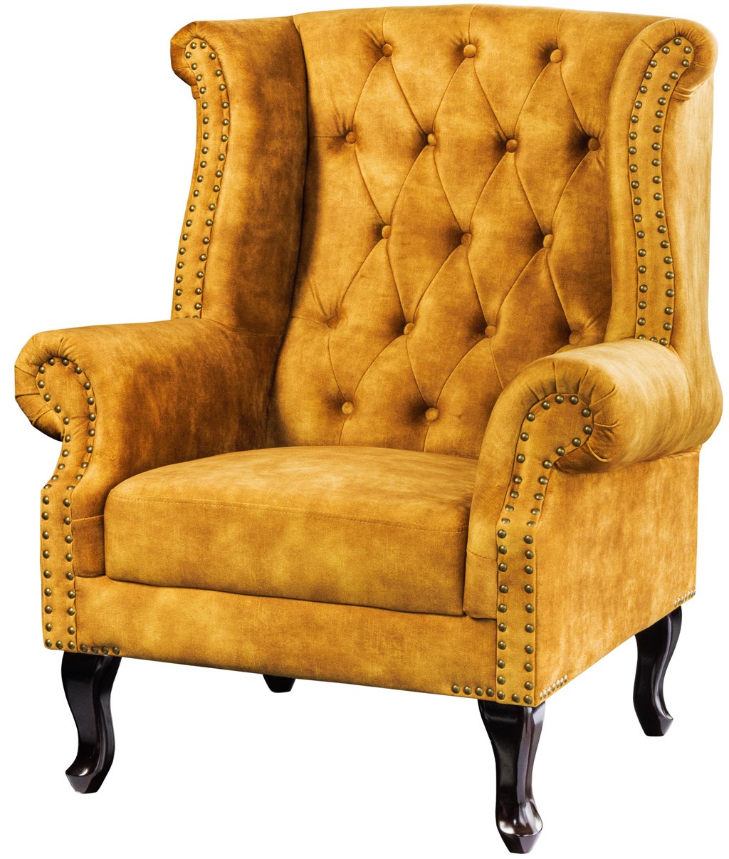 Fotel tapicerowany żółty musztardowy nóżki czarne drewno sosnowe 85x105cm – grafika-1.