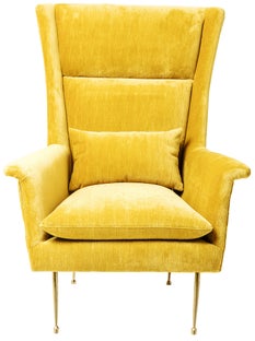 Fotel z wysokim oparciem tapicerowany żółty nogi metalowe złote – obraz-1