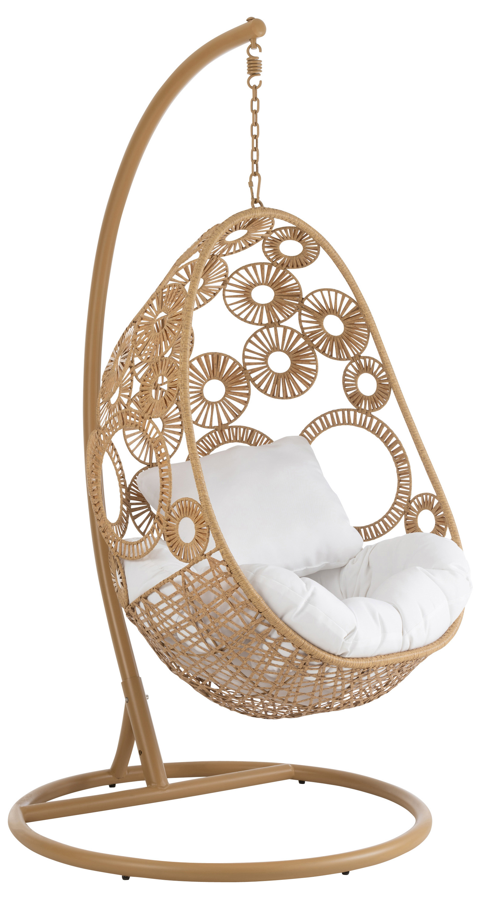Fotel ogrodowy wiszący typu kokon beżowy siedzisko białe – obraz-1