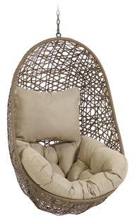 Fotel ogrodowy wiszący typu kokon brązowy siedzisko beżowe – obraz-1