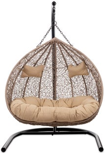 Fotel wiszący ogrodowy 2-osobowy siedzisko polirattan beżowe - stelaż stalowy czarny 124x122 cm – obraz-1