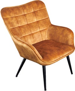 Fotel musztardowy z aksamitną tapicerką i czarnymi metalowymi nogami – grafika-1.