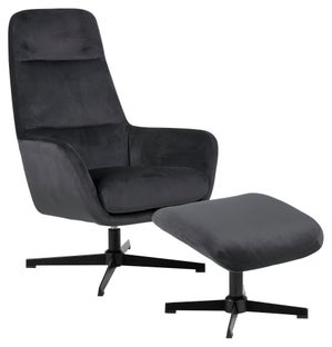 Fotel obrotowy z podnóżkiem welurowy czarny nogi metalowe srebrne – obraz-1