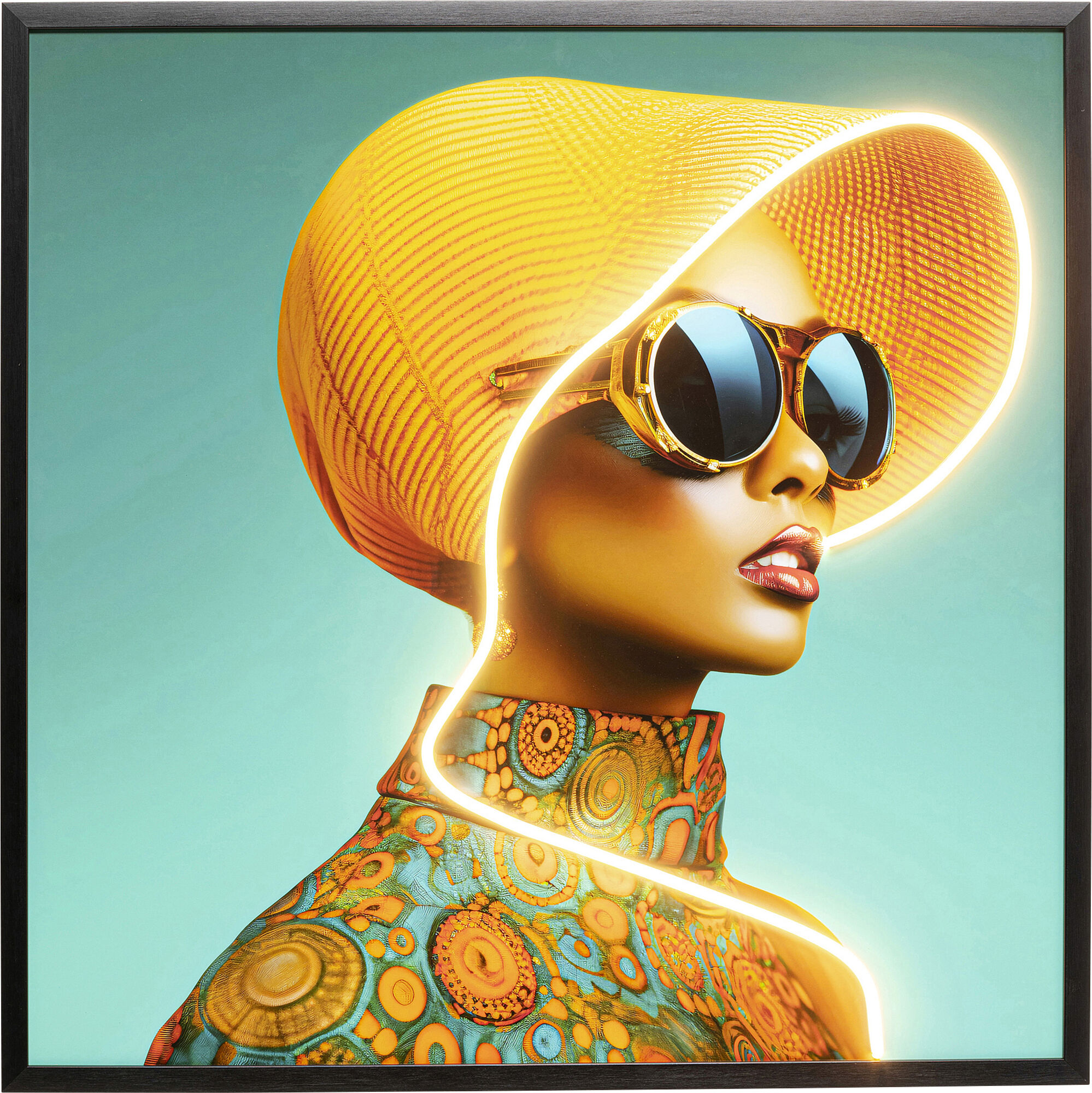 Cuadro enmarcado LED Sun Hat Woman Amarillo 80x80c – Imagen-1.