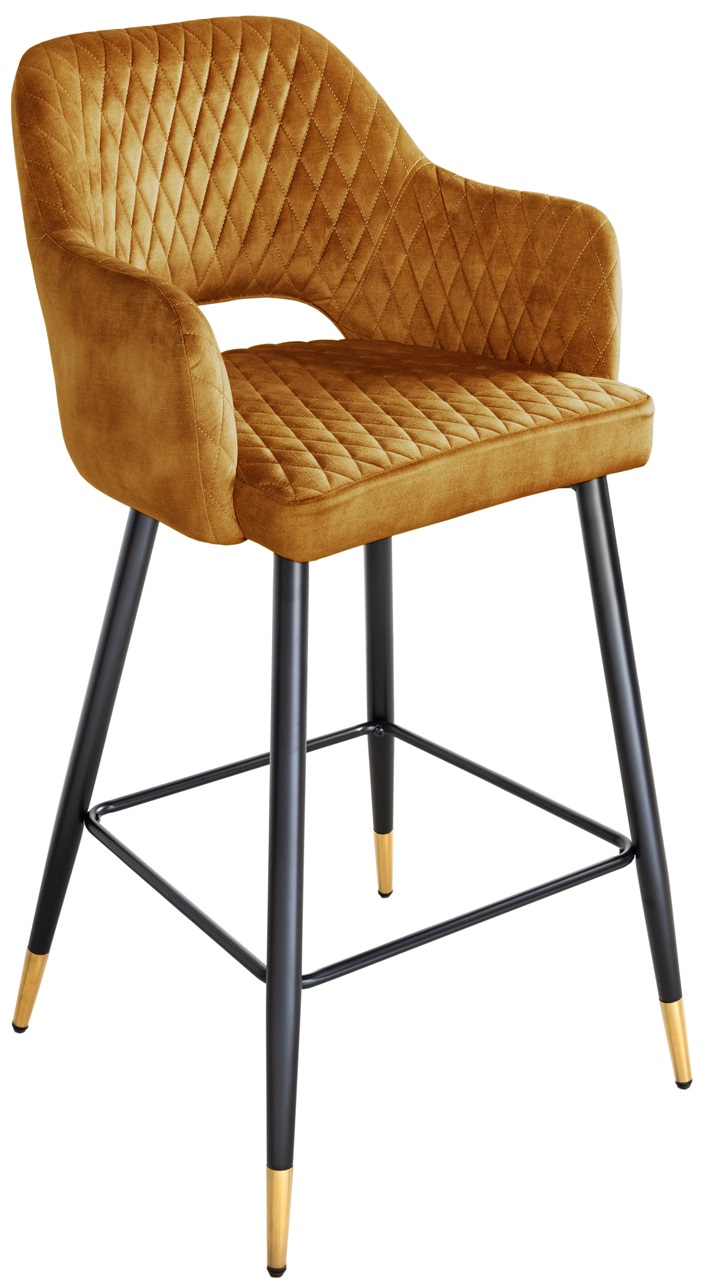 Elegancki hoker tapicerowanytkanina aksamit musztardowy z metalowymi czarnymi nogami – grafika-1.