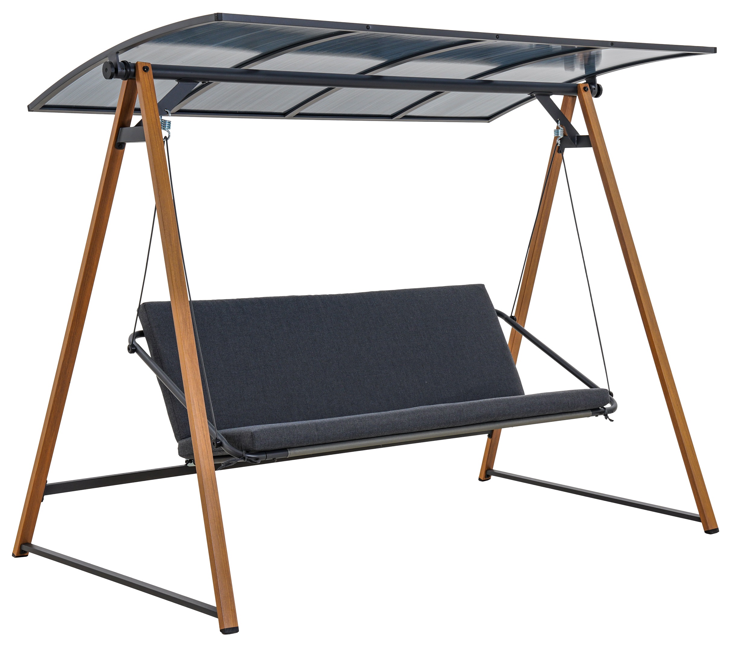 Huśtawka ogrodowa 3-osobowa z daszkiem poliwęglanowym siedzisko poliester czarne -rama stal brązowa 232x173 cm – obraz-1