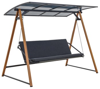 Huśtawka ogrodowa 3-osobowa z daszkiem poliwęglanowym siedzisko poliester czarne -rama stal brązowa 232x173 cm – obraz-1