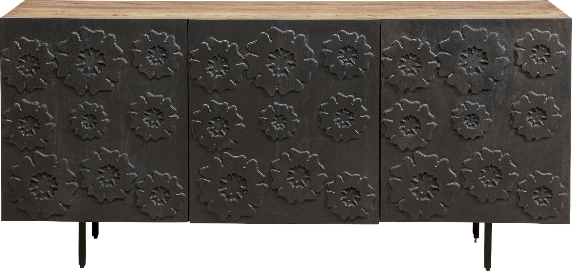 APARADOR DE 3 PUERTAS PARA SALÓN FRENTE DE MADERA DE MANGO MOTIVO FLORAL NEGRO 160X75 CM – Imagen-1.