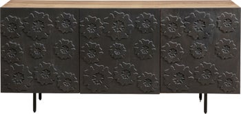 Komoda 3-drzwiowa do salonu drewno mango front czarny motyw kwiatowy 160x75 cm – obraz-1