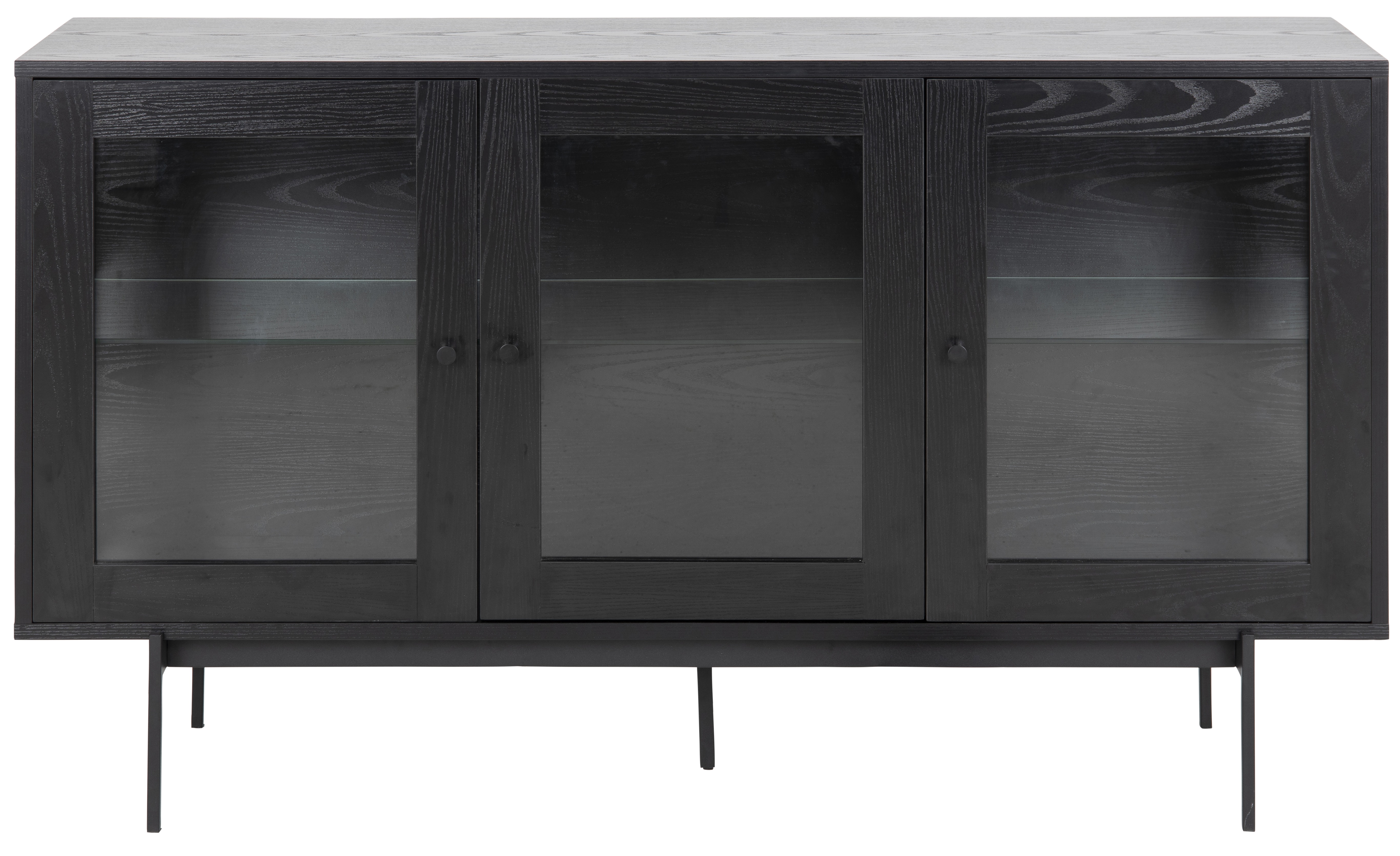 Komoda czarna z płyty ze szklanymi frontami i metalowymi nogami 140x40 cm – obraz-1