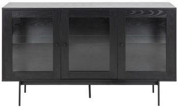 Komoda czarna z płyty ze szklanymi frontami i metalowymi nogami 140x40 cm – obraz-1