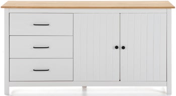 Komoda biała z drewnianym blatem 3 szuflady 2 drzwi 150x80 cm dąb – obraz-1