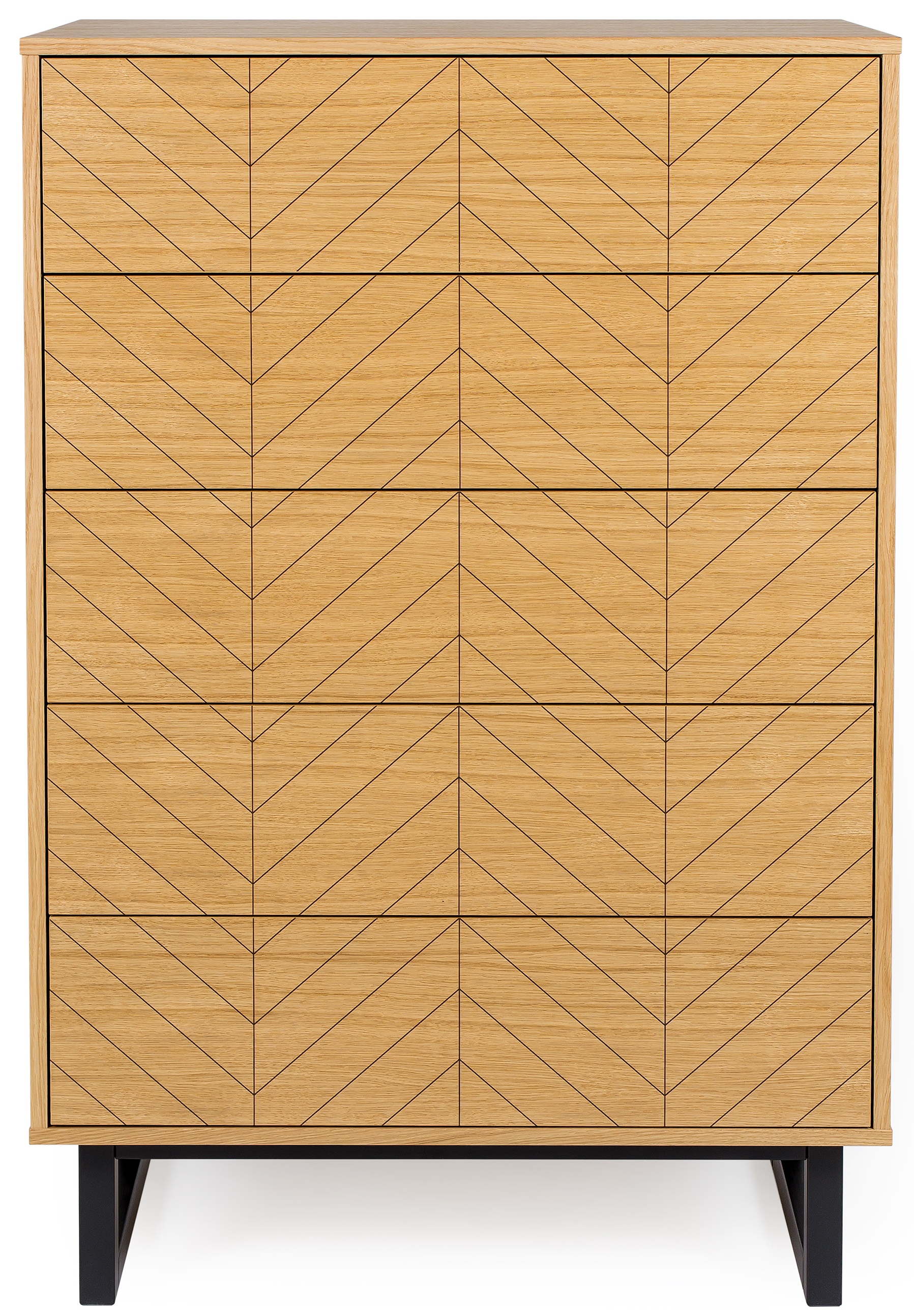 Komoda wysoka z szufladami dębowa wzory jodełka nogi czarne 123x80 cm  – obraz-1