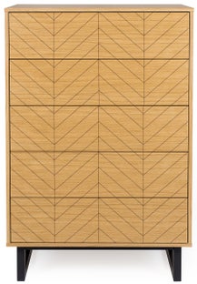 Komoda wysoka z szufladami dębowa wzory jodełka nogi czarne 123x80 cm – obraz-1