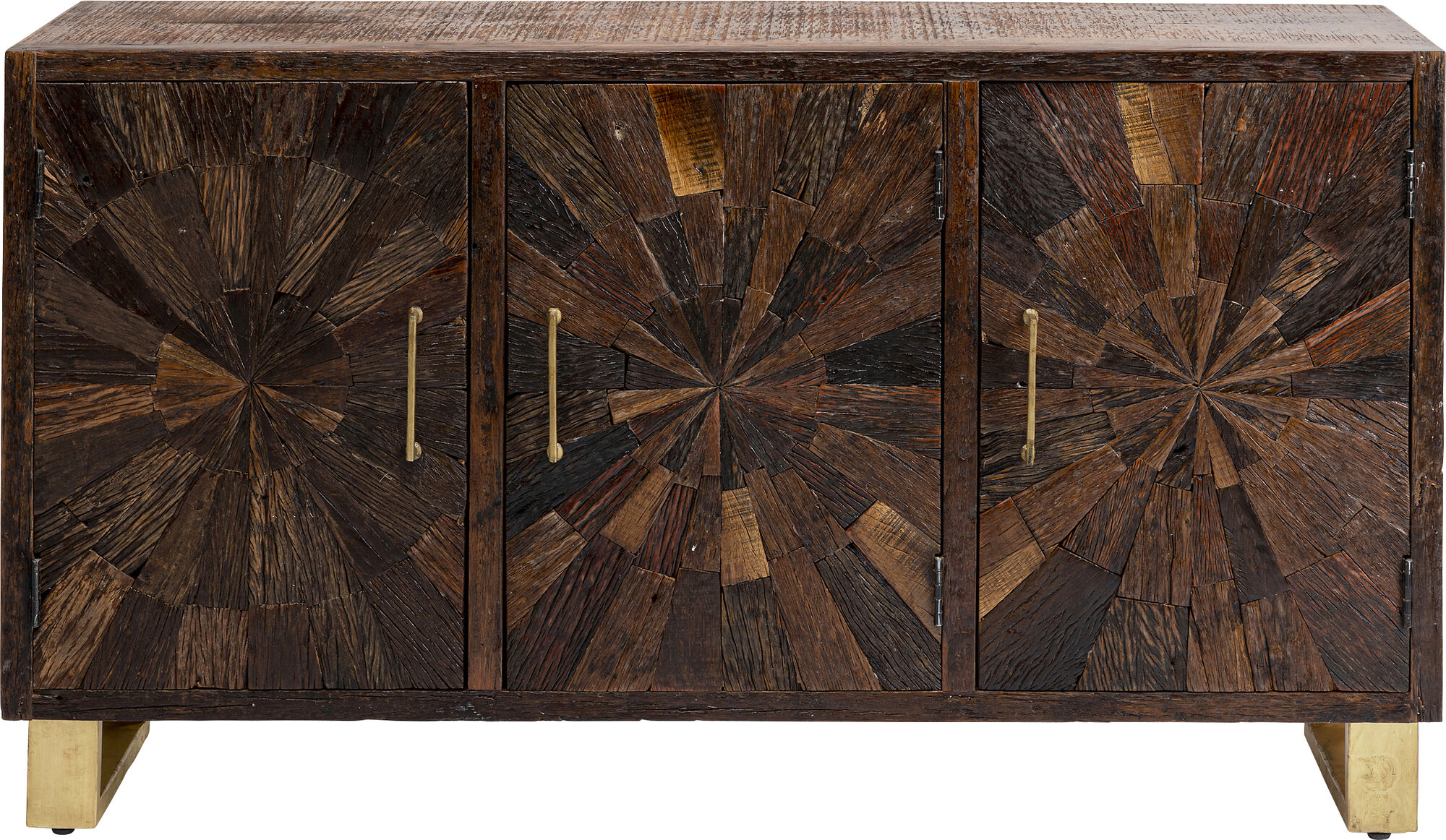 Komoda ciemnobrązowa drewniana z metalowymi złotymi nogami vintage 150x40 cm – obraz-1