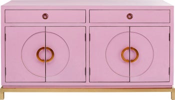 Komoda z drewnianym blatem różowa postarzana 150x84 cm – obraz-1