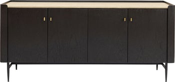 Komoda ciemnobrązowa z jasnym blatem i metalowymi nogami czterodrzwiowa 180x55 cm – obraz-1