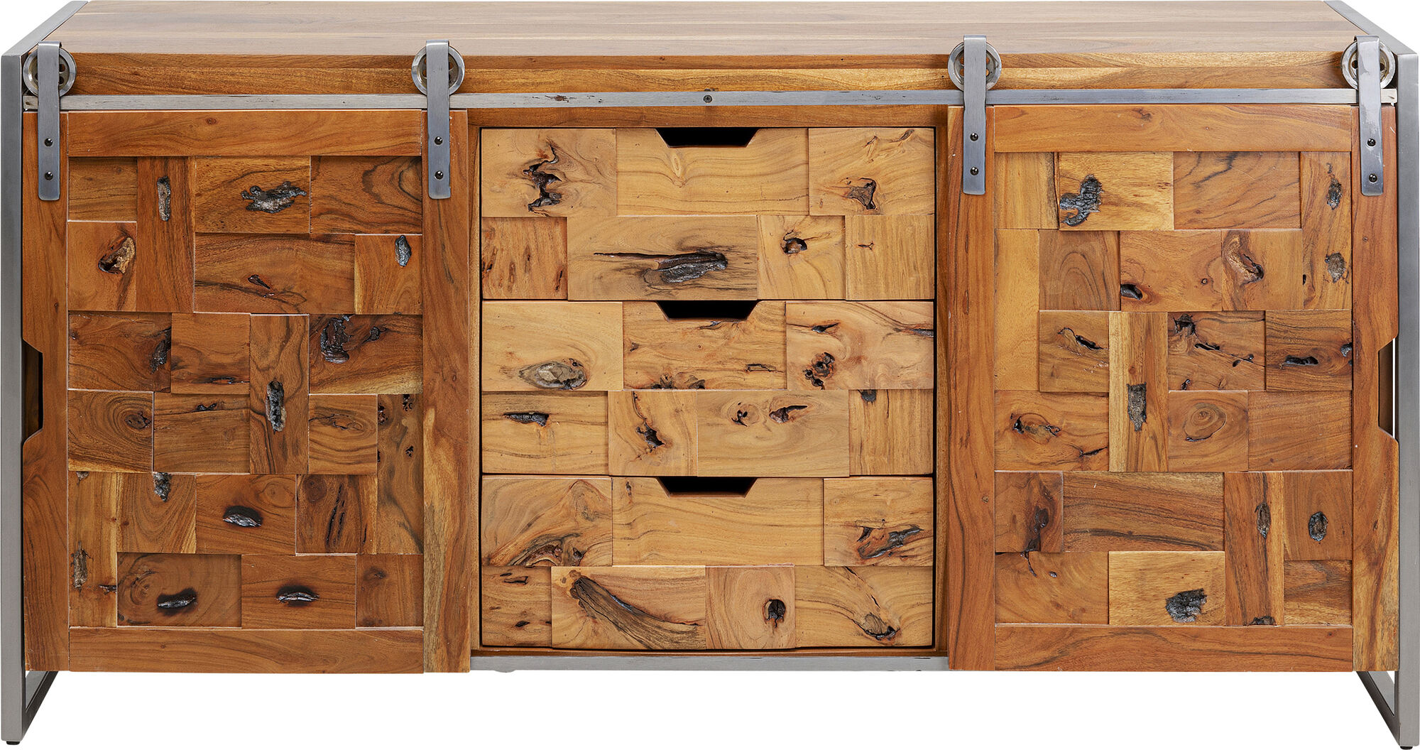 Komoda z 3 szufladami i drzwiami przesuwnymi drewno akacjowe nogi stalowe 160x78 cm – grafika-1.