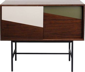 Komoda z drzwiami przesuwnymi brązowa fornir orzech front geometryczny 110x95 cm – obraz-1