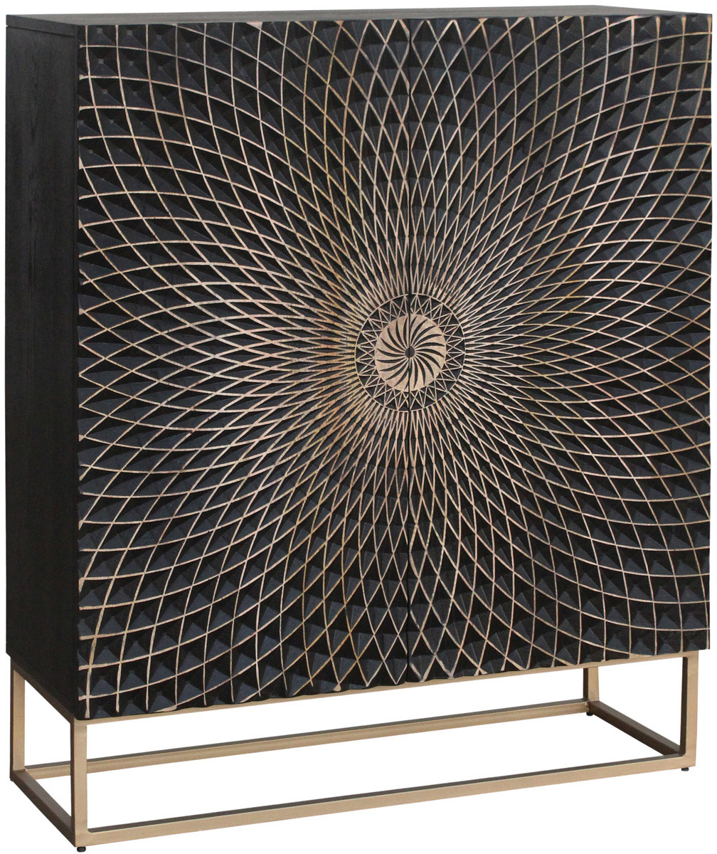 Czarna komoda z mandalowym frontem i złotymi detalami 120x100 cm – grafika-1.