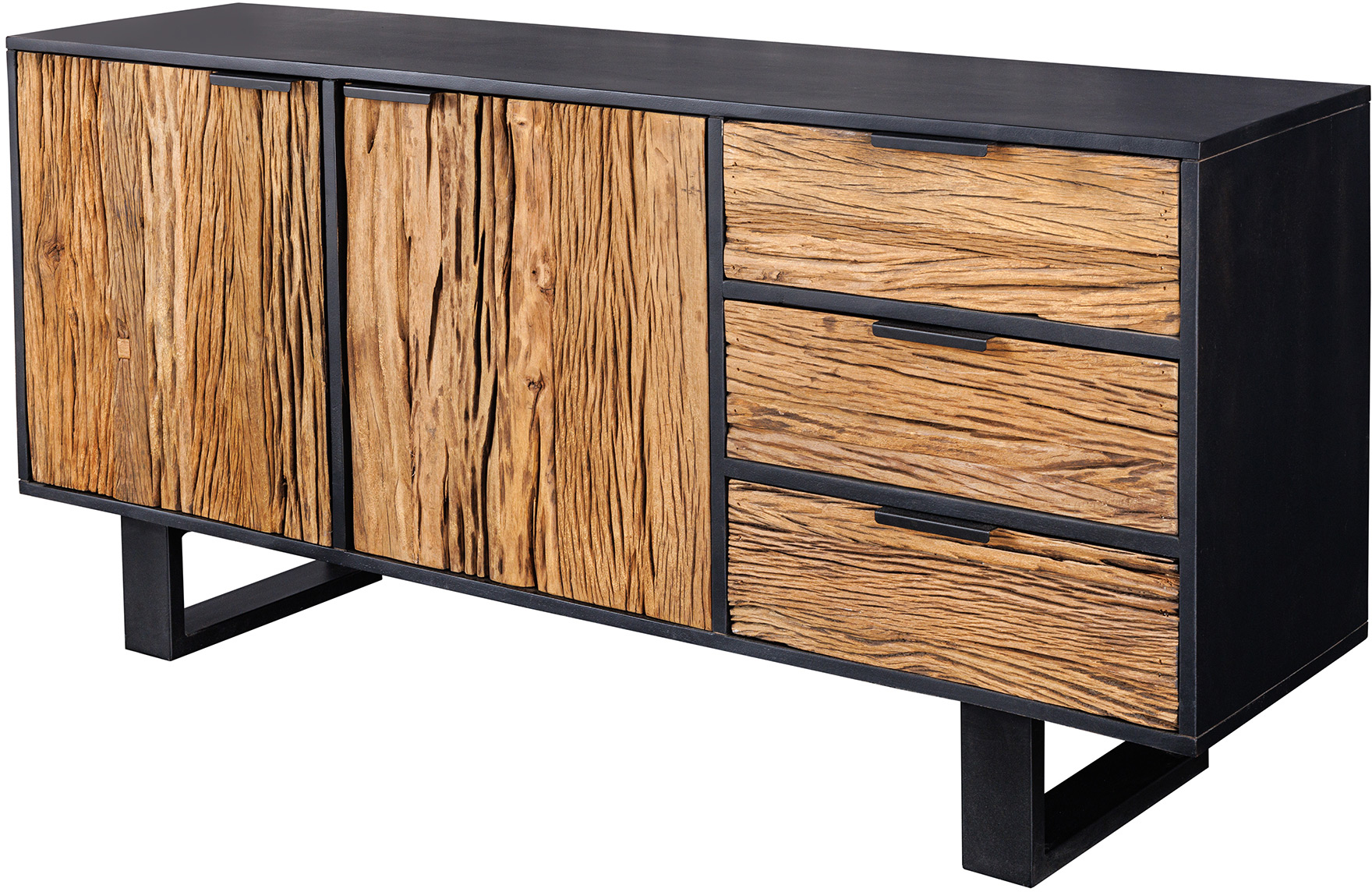 Drewniana komoda z metalowymi akcentami na półkach i szufladach – grafika-1.