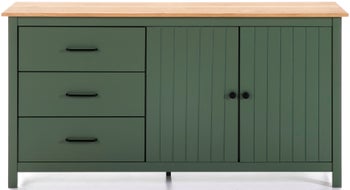 Komoda zielona z drewnianym blatem 3 szuflady 2 drzwi 150x80 cm dąb – obraz-1